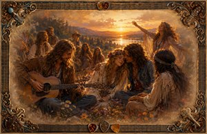 Golden sunset bathes a joyful 1970 hippie gathering beside a mountain lake. Friends share music, wildflowers, laughter, and tender affection while an acoustic guitarist plays nearby. Feathered edges create a distant-memory glow, enclosed by an ornate handcrafted frame of guitar strings, picks, keys, and richly detailed corners.