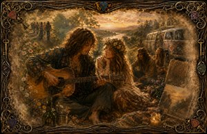 A wistful 1970s gathering unfolds beneath a golden sunset. A long-haired guitarist serenades a flower-crowned companion while friends relax beside a painted van. Fading figures, wildflowers, candles, and keepsakes suggest years of treasured memories. An ornate border of guitar strings, picks, and antique keys completes the nostalgic scene.