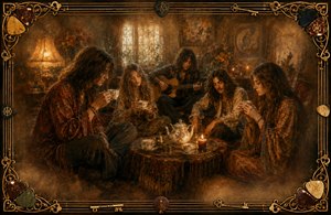 Five 1970s hippies share tea and quiet guitar music inside a warmly lit bohemian room. Their reflective expressions create a bluesy, nostalgic mood, while candles, patterned fabrics, flowers, and antique furnishings deepen the scene. Feathered edges suggest fading memories, framed by ornate guitar strings, picks, musical symbols, and vintage keys.