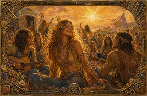Golden sunlight pours across a joyful 1970s hippie gathering, where a radiant flower-haired woman laughs among guitar-playing friends. Beads, fringe, wildflowers, painted banners, and a decorated caravan enrich the nostalgic festival scene. Feathered edges suggest fading memories, while ornate guitar strings, picks, and antique keys form an intricate frame.
