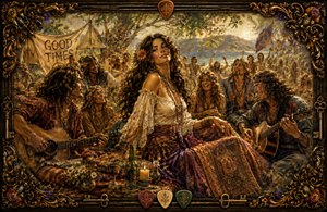 A radiant 1970 hippie gathering unfolds beside a sunlit lake, where musicians, dancers, and laughing friends surround a graceful bohemian woman. Warm golden brushwork, patterned fabrics, wildflowers, candles, and nostalgic feathered edges create a distant-memory atmosphere, enclosed by an ornate frame of guitar strings, picks, keys, and floral corners.