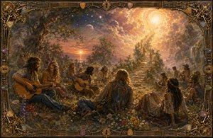 A joyful 1970 hippie gathering unfolds beneath a glowing celestial stairway rising through golden clouds. Musicians, dreamers, wildflowers, planets, and fading spirit portraits create a warm vision of friendship and transcendence. Ornate guitar strings, colorful picks, antique keys, and elaborate corners form the richly detailed decorative frame.