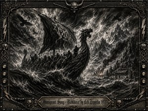 A fierce Viking longship battles towering black waves beneath a lightning-slashed northern sky, its dragon prow charging toward jagged mountains and a distant shore. Deep charcoal textures, smoky grays, metallic highlights, circling ravens, and shadowed warriors create a violent, mythic mood, framed by ornate rock-inspired metalwork and an engraved title plate.