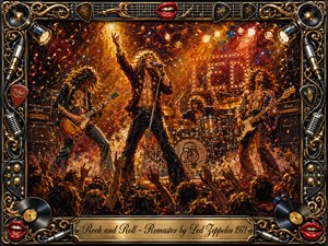 A fiery 1970s rock concert erupts beneath blazing amber stage lights, with a charismatic singer, guitarist, bassist, and drummer commanding a packed crowd. Rich oil-painted textures blend crimson, gold, black, and electric blue. An ornate chrome-and-gold musical frame, vinyl records, microphones, guitar strings, and red lips intensify the exuberant vintage atmosphere.
