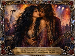 A romantic hippie couple embraces amid a smoky vintage rock concert, the womans long black wavy hair sweeping dramatically across the composition. Warm amber, crimson, purple, and blue stage lights glow through textured oil, acrylic, and watercolor brushwork. An ornate chrome-and-gold musical frame, roses, guitar picks, and engraved title plate complete the nostalgic scene.