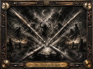 Four luminous drumsticks converge over a cracked stone altar beneath a turbulent moonlit sky, surrounded by shadowy ritual figures and standing stones. Deep charcoal blacks, smoky grays, and antique gold create a fierce, mystical mood. An ornate metallic frame with cymbals, drumsticks, and engraved detailing completes the dramatic composition.