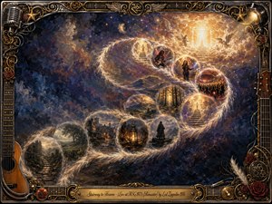A mystical oil-painted stairway of glowing memory bubbles rises in an S-curve from shadowed ruins and pastoral landscapes toward a radiant golden heaven. Deep blues, violets, amber, and crimson surround concert scenes, forests, lanterns, and celestial figures. Ornate chrome-and-gold musical framing, roses, guitars, and stage details create a majestic vintage-rock atmosphere.
