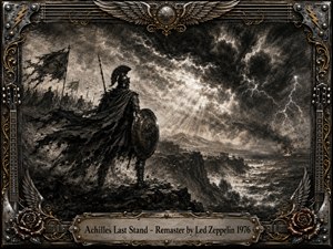 A lone armored warrior stands on a storm-lashed cliff above a raging sea, facing distant ruins beneath violent lightning and swirling clouds. Rendered in deep textured charcoal tones, the scene feels heroic, ominous, and relentless. An ornate metallic frame of wings, guitars, roses, and gold filigree surrounds the dramatic composition.