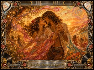 A romantic hippie couple dances closely in a glowing sunset meadow, surrounded by wildflowers, swirling scarves, distant dancers, and festival lights. Warm gold, amber, rose, and turquoise tones create a joyful, sensual mood. Painterly oil, acrylic, and watercolor textures blend with an ornate chrome-and-gold music-themed frame.