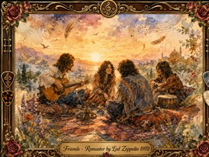 A warm bohemian gathering unfolds at sunset, with four friends seated on richly patterned rugs among wildflowers, sharing music and conversation. Golden light washes the distant hills and ornate architecture, while drifting feathers and musical notes animate the sky. Watercolor textures, earthy reds, blues, roses, and carved wood framing create nostalgic intimacy.