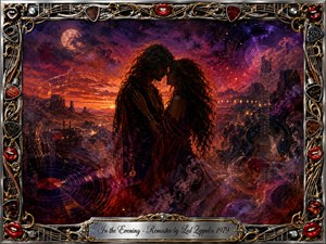 Two long-haired lovers embrace beneath a fiery twilight sky, surrounded by swirling smoke, glowing musical notes, vinyl-like spirals, and a shadowy electric guitar. Deep crimson, violet, amber, and black create a seductive, mystical mood. Rich painterly textures, warm backlighting, and an ornate chrome-and-gold rock-inspired frame complete the dramatic composition.