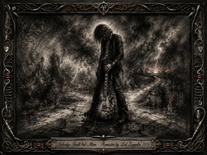 A solitary guitarist stands at a storm-darkened crossroads, head bowed over a weathered electric guitar as lightning cuts through turbulent charcoal skies. Deep blacks, smoky grays, and muted bronze create a brooding, haunted mood. Intricate musical hardware, cables, red lips, and gold inlay form the ornate frame.