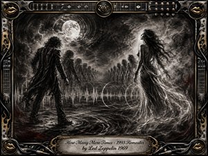 A moonlit charcoal dreamscape shows a brooding man and ethereal woman facing each other across swirling smoke, ghostly repeated figures, and rippling sound waves. Deep blacks, silvery grays, and faint crimson accents create a haunted, seductive mood, while the ornate metallic guitar-themed frame adds decadent rock-and-roll detail.