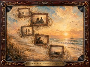 A nostalgic seaside sunset glows in warm gold, amber, and faded blue, surrounding a sweeping collage of rosewood-framed memories: lovers walking, resting by the shore, running through surf, a lone guitarist, and a weathered boat. Painterly textures, gentle waves, ornate musical details, and soft light create wistful romantic serenity.