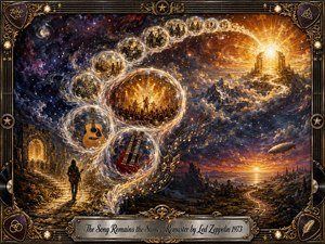 A luminous oil-painted rock odyssey unfolds across a cosmic landscape, where glowing memory bubbles sweep in an S-curve through stars, mountains, concert scenes, and guitars. Golden stage light contrasts with deep blues, violets, and crimson skies, while an ornate chrome-and-gold musical frame and engraved title plate complete the timeless, mystical atmosphere.