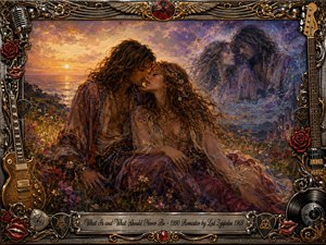 A romantic bohemian couple embraces in a wildflower meadow beside a glowing sunset sea, while a ghostly memory of their love drifts through the violet sky. Rich gold, amber, crimson, and indigo tones create a dreamy warmth. Painterly textures, ornate musical framing, roses, guitars, records, and engraved details deepen the nostalgic rock atmosphere.