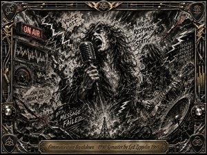A wild-haired singer grips a vintage microphone amid a storm of fractured signals, lightning, broken wires, and distorted sound waves. Deep charcoal textures, smoky blacks, metallic grays, and restrained crimson accents create a fierce, electric mood. An ornate chrome-and-gold musical frame surrounds the chaotic composition, anchored by an engraved title plate.