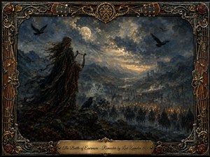 A solitary cloaked figure overlooks a vast twilight battlefield beneath a luminous moon and storm-darkened sky. Ravens circle above distant armies carrying glowing torches through a rugged valley. Deep blue, charcoal, bronze, and gold tones create an ominous, mythic mood, framed by ornate metallic scrollwork, roses, strings, and instrument details.