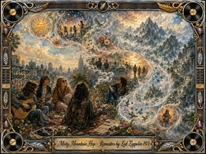 A dreamy 1970s rooftop gathering unfolds beneath a swirling S-curve of mist, feathered bubbles, flowers, birds, music, and distant mountain visions. Warm gold, blue, cream, and earthy tones glow in soft afternoon light. Painterly gouache textures, psychedelic symbolism, and an ornate music-themed frame create a nostalgic atmosphere of freedom, rebellion, and escape.