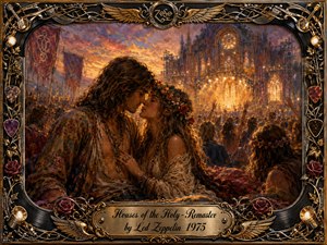 A romantic hippie couple embraces before a glowing cathedral-like festival stage, surrounded by dancing crowds and warm sunset haze. Rich amber, bronze, crimson, and violet tones shimmer through painterly oil textures. An ornate black-and-gold musical frame, decorated with roses, guitars, wings, and picks, completes the nostalgic rock-era atmosphere.