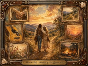A nostalgic young couple walks arm in arm along a golden country path toward distant mountains beneath a glowing sunset. Framed memories of clasped hands, wildflowers, an acoustic guitar, hillside trails, and a campfire surround them. Warm browns, amber light, faded rosewood, and painterly textures create a tender, wistful 1970s atmosphere.