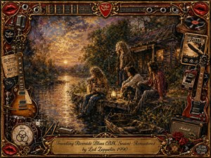 An ornate vintage-rock tableau frames four musicians beside a glowing riverside cabin at sunset, where golden water, autumn foliage, and weathered timber create a warm, bluesy nostalgia. Rich oil-paint textures, deep browns, amber light, guitars, drums, records, tickets, roses, chrome details, and engraved memorabilia surround the atmospheric central scene.