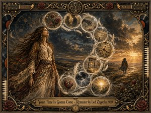 A windswept woman stands beneath a storm-dark sky as a lone figure walks toward a glowing horizon. Feathered memory bubbles curve in an S-shape, holding roses, clocks, promises, heartbreak, and light. Rich gold, bronze, charcoal, and crimson tones glow within an ornate musical frame, creating a mystical, dramatic oil-painted atmosphere.