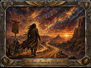 A lone leather-clad traveler stands beside a motorcycle on a rugged desert road, facing a blazing sunset beyond distant mesas. Fiery amber, rust, gold, and charcoal tones create a restless, adventurous mood. Expressive oil-paint textures, swirling musical lines, dramatic clouds, and an ornate guitar-inspired metallic frame amplify the wandering rock spirit.