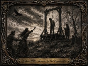 A storm-dark charcoal landscape centers on a lonely wooden gallows where a condemned man stands beneath the noose as grieving figures plead nearby. Ravens cross a smoky gray sky above barren trees and rough earth. Dramatic horizon light deepens the tragedy, while an ornate wood-and-metal frame with chains, strings, and an engraved brass title plate completes the gothic folk-rock mood.