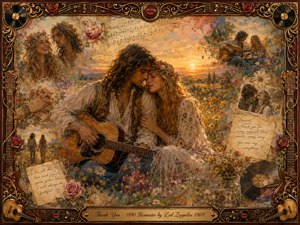 A tender bohemian couple rests together in a sunlit wildflower meadow, surrounded by fading romantic memories, handwritten notes, roses, photographs, and vintage records. Warm amber, cream, and earthy tones glow beneath a nostalgic sunset. Painterly oil, acrylic, and watercolor textures blend softly within an ornate gold-and-rosewood musical frame.
