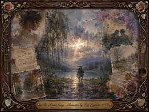 A rain-soaked romantic collage centers on a couple beneath an umbrella beside a reflective lake, surrounded by fading portraits, handwritten notes, sheet music, and roses. Muted blues, lavender, amber, and sepia glow beneath soft storm light. Painterly oil, acrylic, and watercolor textures blend memories within an ornate rosewood-and-gold musical frame.