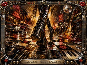 A swaggering figure in black leather strides across a neon-soaked rock-and-roll street, surrounded by guitars, records, keyboards, chrome, and glowing club signs. Fiery amber, black, red, and gold dominate the dramatic lighting. Thick painterly textures, mirrored highlights, and an ornate musical frame create a gritty, energetic 1970s atmosphere.