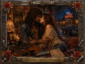 A romantic hippie couple embraces in a candlelit, music-filled room overlooking a rainy neon motel at night. Warm amber, crimson, smoky blue, and gold tones create a sensual, nostalgic mood. Painterly oil-and-watercolor textures surround guitars, records, harmonica, roses, and vintage memorabilia, all enclosed by an ornate metallic rock-themed frame.