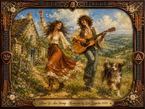 A joyful couple dances along a sunlit countryside path beside a rustic stone cottage as the man plays acoustic guitar, joined by an exuberant dog. Warm golds, earthy browns, blue skies, and lush greens create a carefree pastoral mood, rendered in richly textured oil-painting style within an ornate musical rosewood frame.