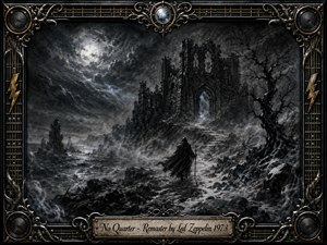 A solitary cloaked traveler approaches ruined Gothic arches beneath a glowing full moon, surrounded by jagged rocks, restless water, and a twisted barren tree. Deep charcoal blacks, smoky grays, and silver highlights create a cold, ominous atmosphere. An elaborate metallic frame of strings, speakers, lightning motifs, and engraved titlework completes the dramatic composition.