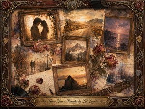 A nostalgic vintage collage unfolds within an ornate rosewood-and-gold frame, blending romantic silhouettes, mountain roads, twilight shores, handwritten letters, faded roses, and guitar details. Warm sepia, amber, dusty rose, and muted violet tones glow under soft golden light, creating a tender, melancholic atmosphere of love, distance, and fading memory.