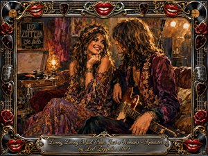 A flirtatious hippie couple shares an intimate moment in a warmly lit 1960s rock lounge, surrounded by guitars, vinyl records, microphones, and glowing lamps. Rich crimson, amber, gold, and violet tones create a seductive nostalgic mood, while expressive painterly textures and an ornate music-themed frame enhance the vintage atmosphere.