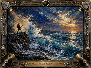 A lone guitarist stands on jagged coastal rocks as towering ocean waves crash beneath a fiery sunset. Deep blues, turquoise, black, and burnished gold create a dramatic, powerful mood. Thick expressive oil-paint textures energize the seascape, while an ornate guitar, vinyl, metal, and gold-inlaid frame reinforces the classic rock atmosphere.