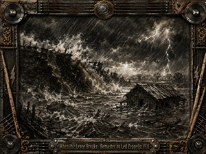 A violent flood surges through a shattered levee beneath lightning-split storm clouds, engulfing a weathered riverside shack. Deep charcoal blacks, smoky grays, and sepia highlights create a grim, thunderous mood. Feathered textures, slashing rain, foaming water, and debris intensify the motion, while the rugged metallic music-themed frame reinforces the blues-rock atmosphere.