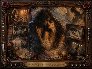 A passionate couple embraces within a nostalgic rock-and-roll collage framed in dark rosewood, gold filigree, guitar strings, roses, and vintage equipment. Warm amber candlelight and smoky shadows create an intimate, aching mood. Rich browns, crimson accents, faded photographs, handwritten notes, vinyl, and microphones blend through textured painterly layers.