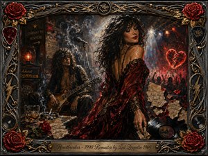 A sultry woman in crimson turns away from a brooding guitarist in a smoky backstage club, embodying desire, betrayal, and defiance. Dramatic reds, charcoal shadows, amber gold, and cool stage lights heighten the tension. Rich oil-painted textures, torn love notes, roses, vinyl, amplifiers, and a glowing broken heart complete the theatrical rock atmosphere.