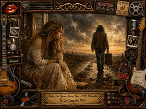 A wistful bohemian woman watches a long-haired man walk away along a muddy country road beneath a dramatic golden-gray sunset. Rich oil-paint textures create a melancholic, nostalgic mood, framed by ornate dark wood, gold filigree, guitars, records, microphones, tickets, photographs, and vintage rock memorabilia surrounding the emotional farewell scene.