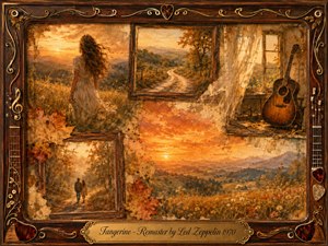 A nostalgic autumn collage glows in amber, gold, and sepia, blending romantic memories with quiet longing. A woman overlooks sunlit hills, a winding road leads into the distance, and an acoustic guitar rests beside a window. Ornate rosewood framing, musical details, soft brushwork, and warm sunset light deepen the tender, reflective mood.