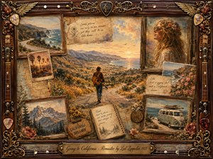 A lone guitarist walks a winding California road toward sunlit mountains and coast, surrounded by faded travel memories, portraits, maps, flowers, and vintage photographs. Warm amber, sepia, dusty blue, and rose tones create a nostalgic, romantic mood. Painterly textures, antique rosewood framing, gold ornament, guitar strings, and picks enrich the dreamlike composition.
