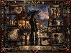 A solitary figure stands beneath a dark umbrella on a rain-soaked city street, surrounded by nostalgic rosewood-framed memories of romance, music, and longing. Warm amber lights shimmer across wet pavement beneath stormy blue-gray skies. Textured painterly brushwork, vintage photographs, roses, records, instruments, and ornate gold details create a bittersweet, cinematic atmosphere.