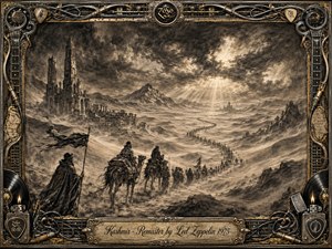 A vast charcoal desert unfolds beneath turbulent storm clouds, where a long caravan winds through dunes toward distant mountains and ancient ruins. Sepia, black, and muted gold tones create a mysterious, monumental mood, while radiant sunbeams pierce the sky. An ornate metallic frame of cables, records, and guitar details completes the dramatic composition.