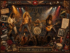 A fiery 1970s rock concert erupts beneath smoky amber, red, and blue stage lights, with four musicians commanding the stage before a sea of raised hands. Richly textured painterly details, guitars, drums, records, tickets, roses, skulls, microphones, and vintage memorabilia fill an ornate gold-and-rosewood frame, creating a nostalgic, electrifying atmosphere.