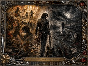 A lone guitarist walks between glowing memories of love, crowds, and stage lights and a bleak, storm-dark landscape of loss. Warm golds and reds fade into charcoal grays beneath a brooding sky. Textured, impressionistic brushwork intensifies the contrast, while broken instruments, photographs, and an ornate metallic music-themed frame deepen the nostalgic rock atmosphere.