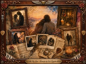 A nostalgic rosewood-framed collage surrounds a tender couple embracing beneath a glowing sunset, blending faded photographs, candlelight, roses, sheet music, handwritten letters, and musical memorabilia. Warm amber, sepia, burgundy, and muted blue tones create a bittersweet atmosphere, rendered in richly textured oil, acrylic, and watercolor style with ornate golden details.