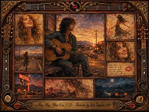 A wistful guitarist sits beside a fading roadside town at sunset, surrounded by framed memories of a free-spirited woman, lonely highways, neon motels, and moonlit travel. Warm amber, sepia, burgundy, and twilight blue create a bittersweet mood. Painterly oil, acrylic, and watercolor textures blend with an ornate rosewood musical frame. SongData_HeyHeyWhatCanIDo_Remaster_LedZeppelin_1970